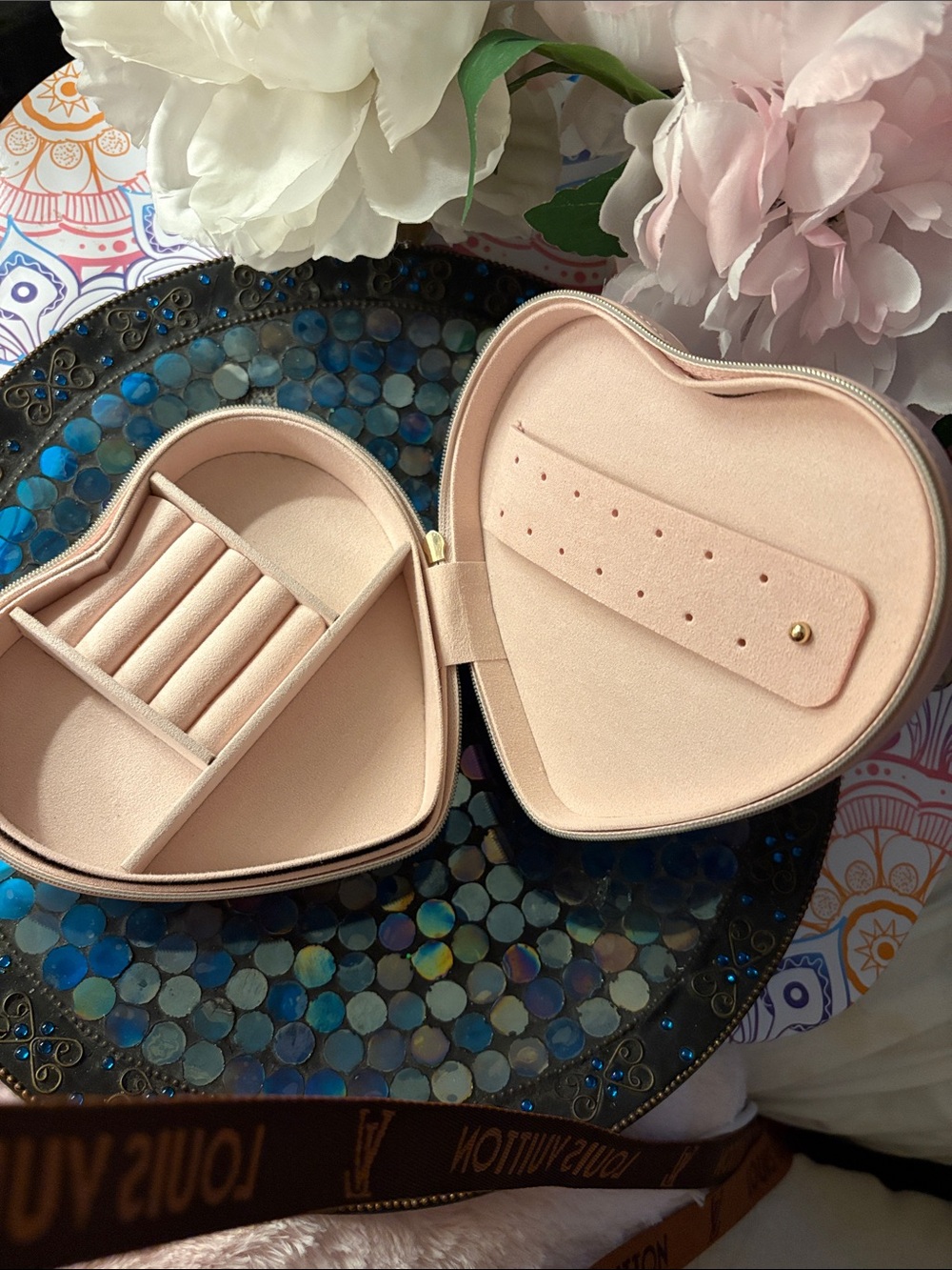 Leather Heart Shaped Jewelry Case in Blush Pink suede  interior.